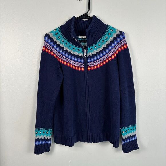 Talbots Womens Full Zip Knit Sweater Size Large Petite Fair Isle Blue Cotton - Picture 1 of 5